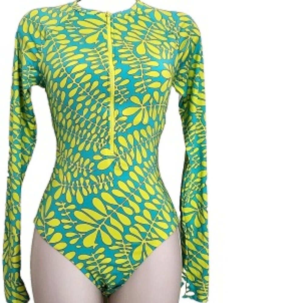 TRINA TURK TRILLIS TURQUOISE ZIP FRONT PADDLE SUIT SWIMSUIT RASH GUARD M